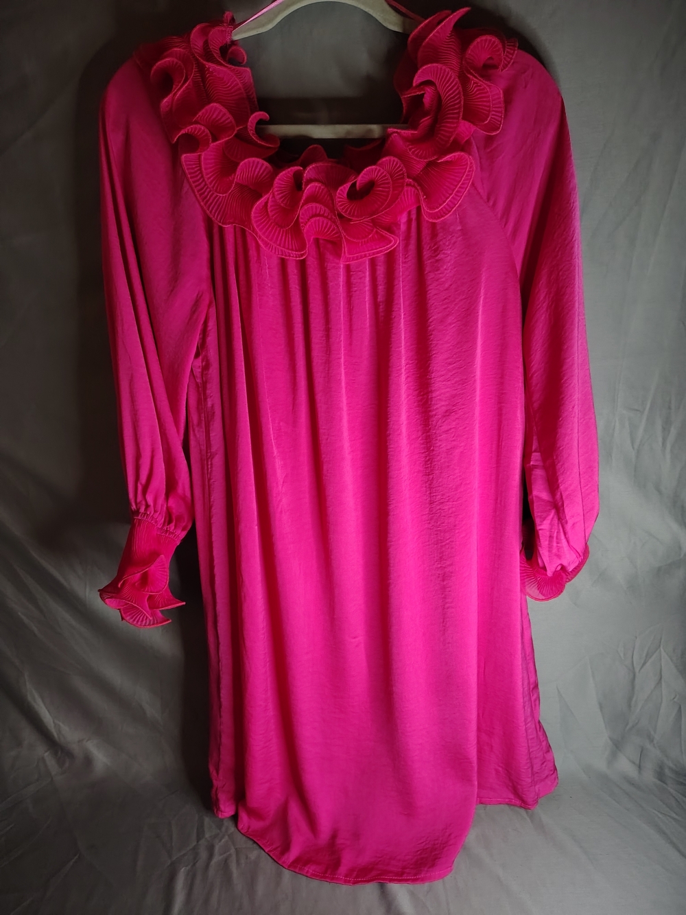 Hot Pink Long Sleeve Dress Ruffle Collar Tiered Statement Neckline Balloon Sleev